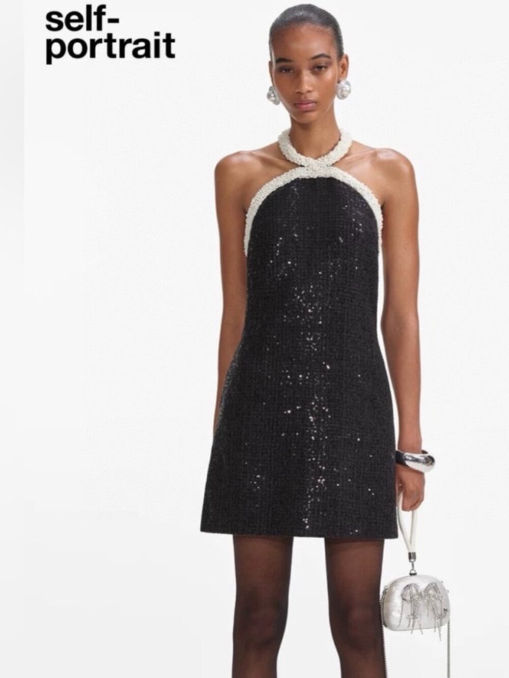 NWT self-portrait black boucle pearl trim mini dress - size UK 12 / US 8